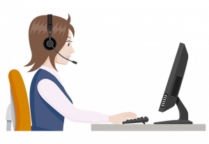 コールセンターの女性がPCのキーボードを打っているイラスト 初期設定の丸投げサポートの画像